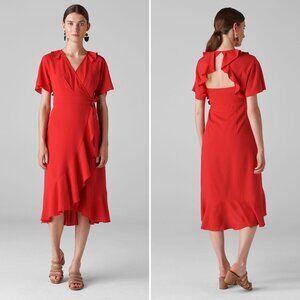 Whistles Abigail Frill Wrap Dress in Red Ruffles Back Cutout Midi Size 2 New